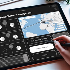 An image of a platform for efficient corporate charter management, with options for optimized routes, cost reduction, flexible bookings, and realtime