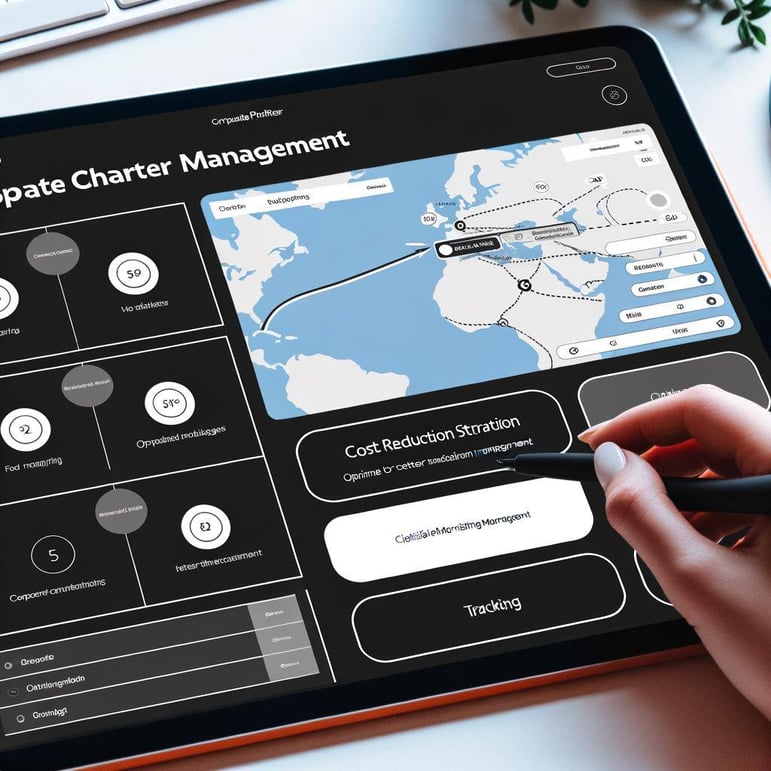 An image of a platform for efficient corporate charter management, with options for optimized routes, cost reduction, flexible bookings, and realtime